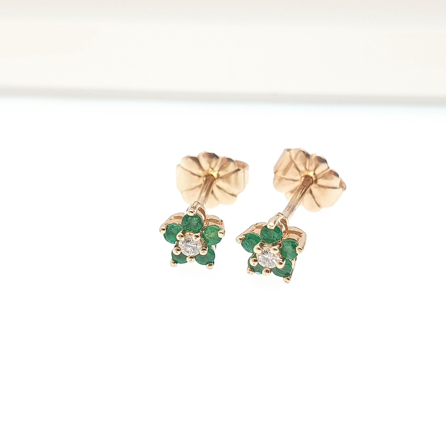 Vintage 9ct Gold Emerald & Diamond Stud Earrings Small Cluster Solid 9k 375 Genuine Gemstone Jewelry Jewellery