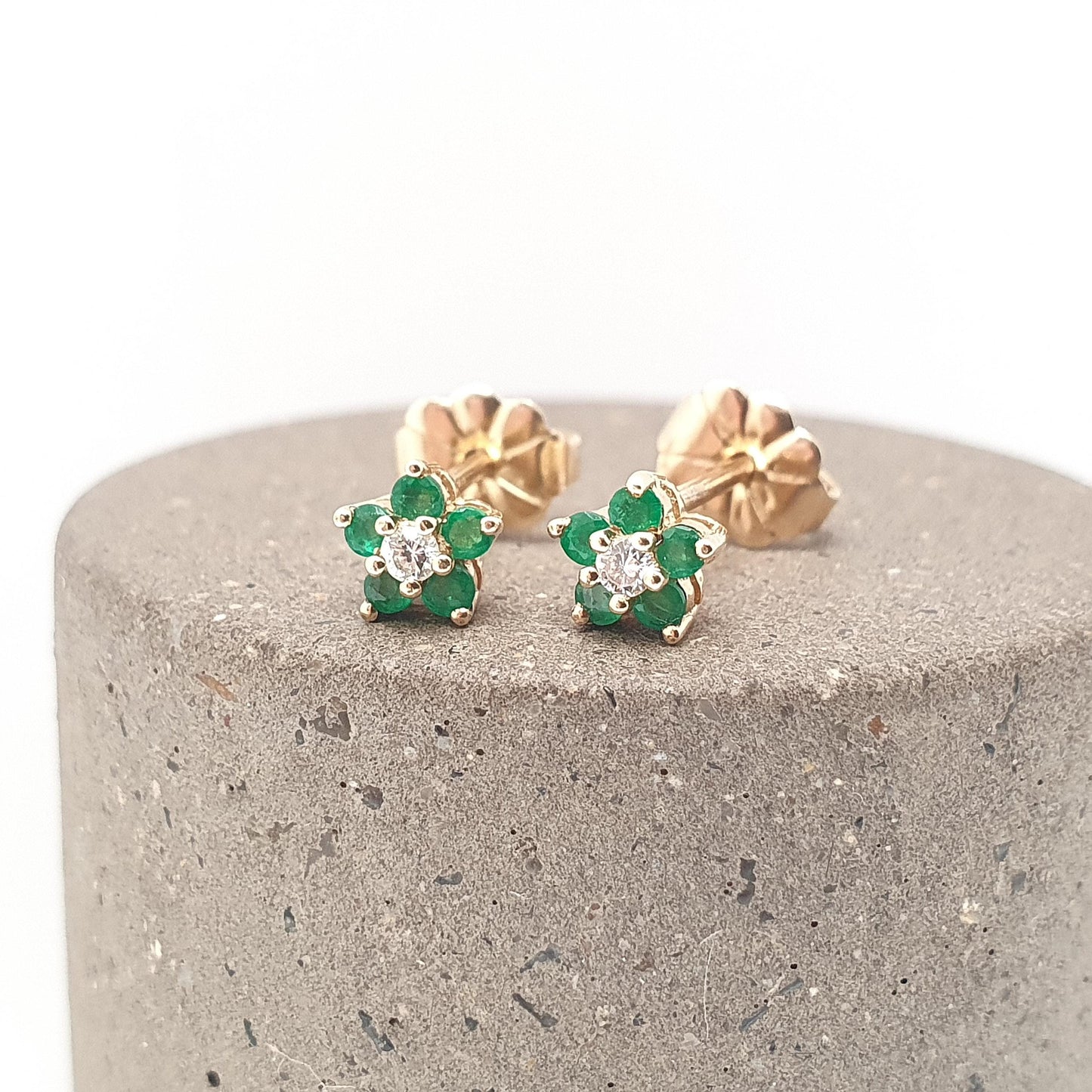 Vintage 9ct Gold Emerald & Diamond Stud Earrings Small Cluster Solid 9k 375 Genuine Gemstone Jewelry Jewellery