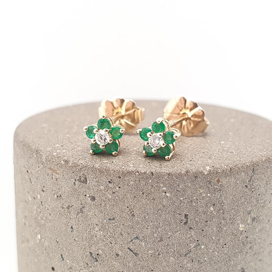 Vintage 9ct Gold Emerald & Diamond Stud Earrings Small Cluster Solid 9k 375 Genuine Gemstone Jewelry Jewellery