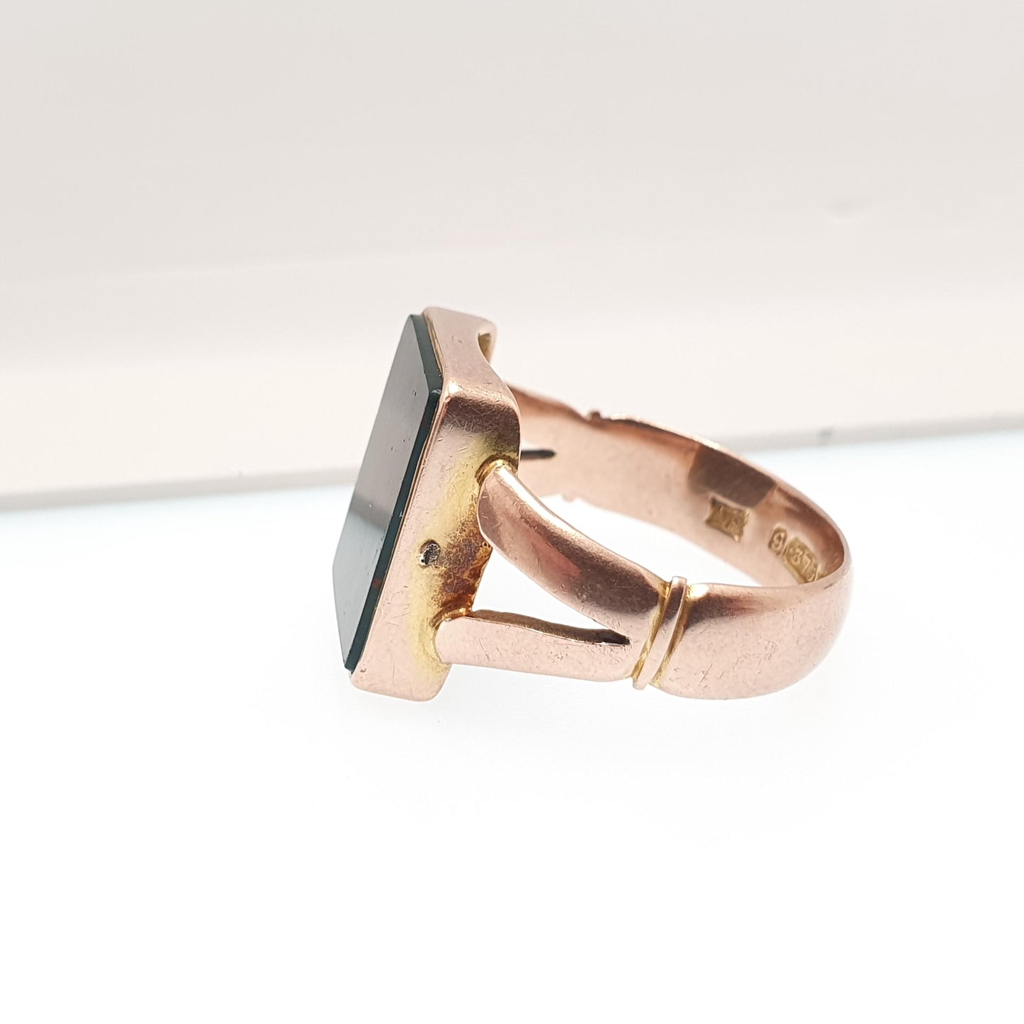 Antique 9ct Rose Gold Bloodstone Signet Ring Large Big Rectangular Cut 1915 Hallmarked Solid 9k 9kt Gemstone Vintage Mens U 1/2 10 1/4
