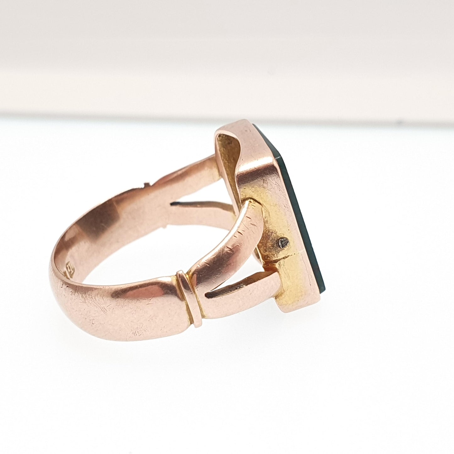 Antique 9ct Rose Gold Bloodstone Signet Ring Large Big Rectangular Cut 1915 Hallmarked Solid 9k 9kt Gemstone Vintage Mens U 1/2 10 1/4
