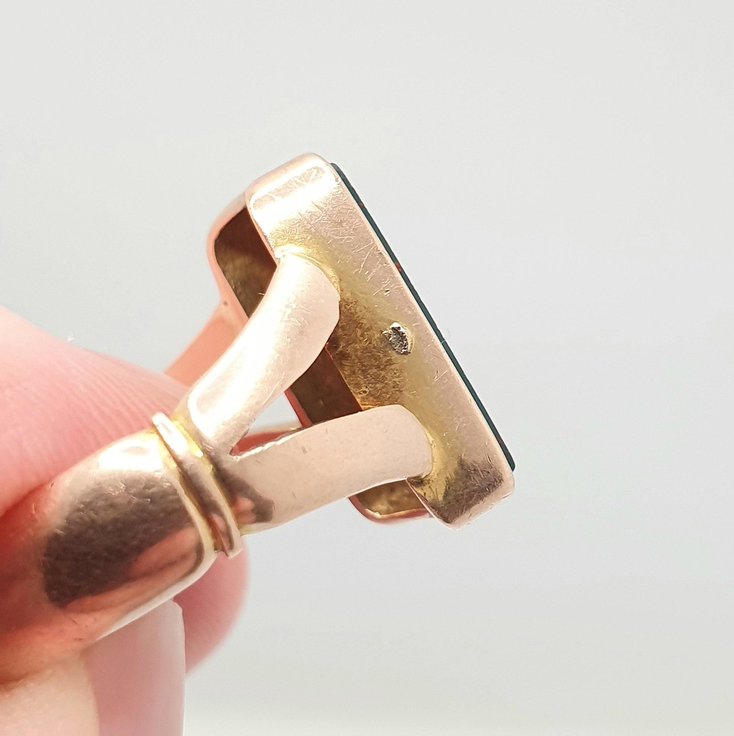 Antique 9ct Rose Gold Bloodstone Signet Ring Large Big Rectangular Cut 1915 Hallmarked Solid 9k 9kt Gemstone Vintage Mens U 1/2 10 1/4
