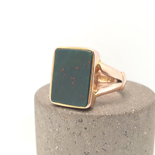 Antique 9ct Rose Gold Bloodstone Signet Ring Large Big Rectangular Cut 1915 Hallmarked Solid 9k 9kt Gemstone Vintage Mens U 1/2 10 1/4