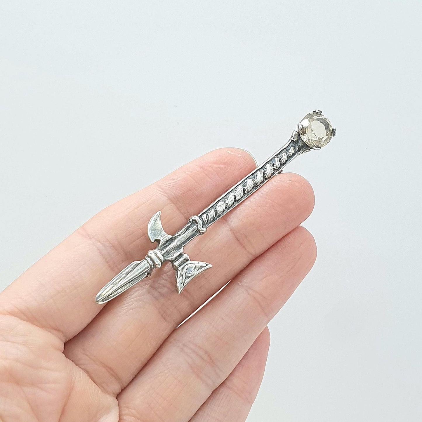 Vintage Sterling Silver Citrine Scottish Brooch Celtic Axe Pike Polearm Quartz Gemstone Gaelic Jewelry Jewellery