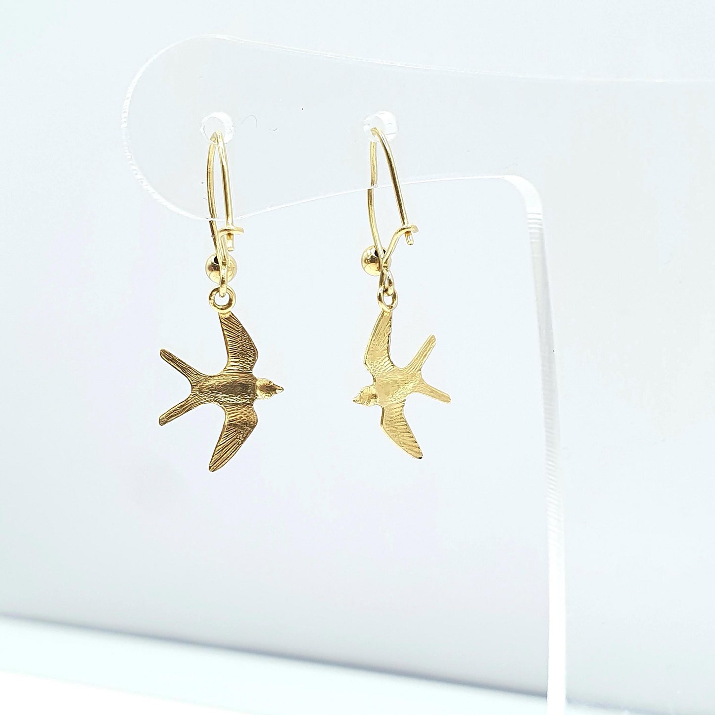 Vintage 9ct Gold Bird Hook Earrings Swallow Songbird Animal Birds Drop Dangle Solid 9k 9kt Jewelry Jewellery Retro