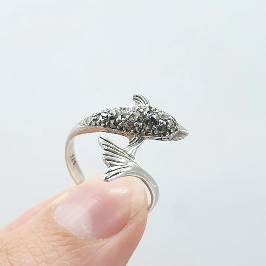 Vintage Sterling Silver Dolphin Ring Marcasite Sea Animal Creature Fish Solid 925 Womens Girls Jewelry Jewellery UK P US 7.5