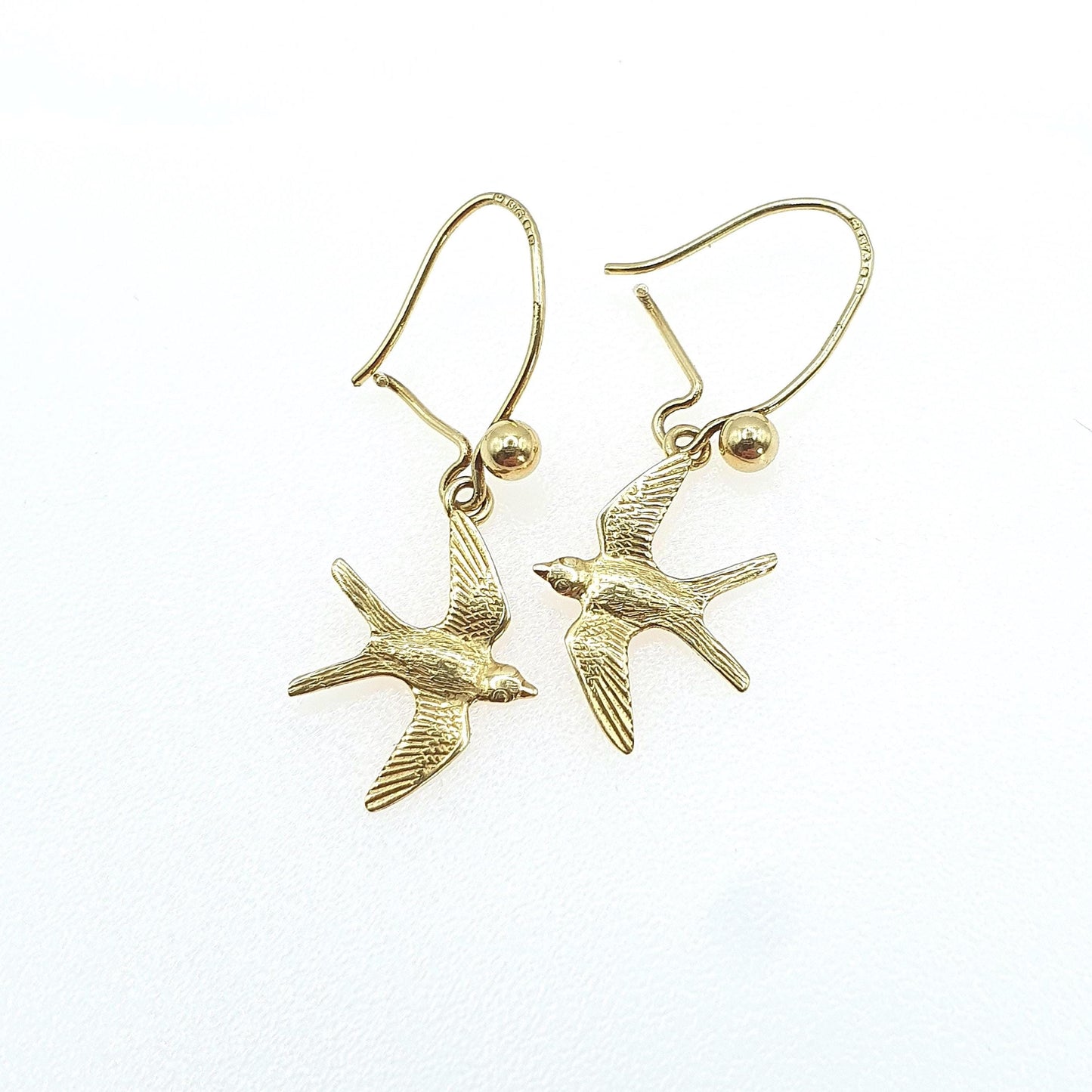Vintage 9ct Gold Bird Hook Earrings Swallow Songbird Animal Birds Drop Dangle Solid 9k 9kt Jewelry Jewellery Retro