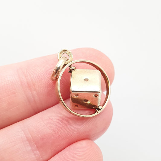 Vintage 9ct Gold Spinning Dice Necklace Pendant Rotating Die Solid 9k 9kt Good Luck Lucky Jewelry Jewellery