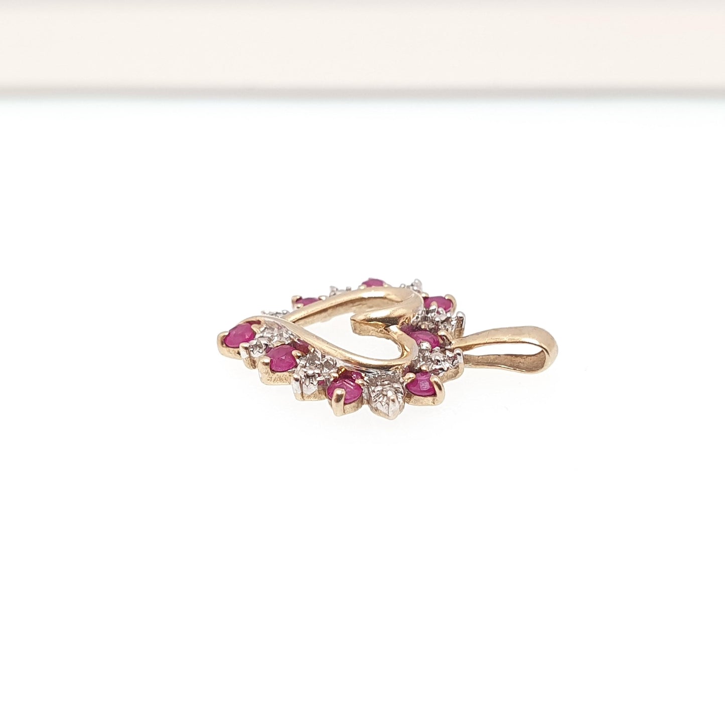 Vintage 9k 9ct Gold Ruby & Diamond Heart Necklace Pendant Genuine Gemstones Womens Jewelry Retro Jewellery
