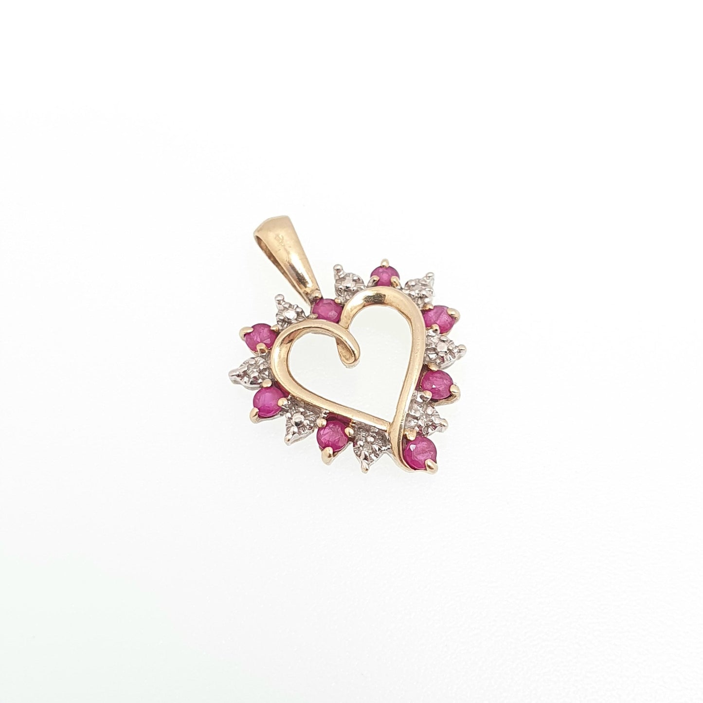 Vintage 9k 9ct Gold Ruby & Diamond Heart Necklace Pendant Genuine Gemstones Womens Jewelry Retro Jewellery