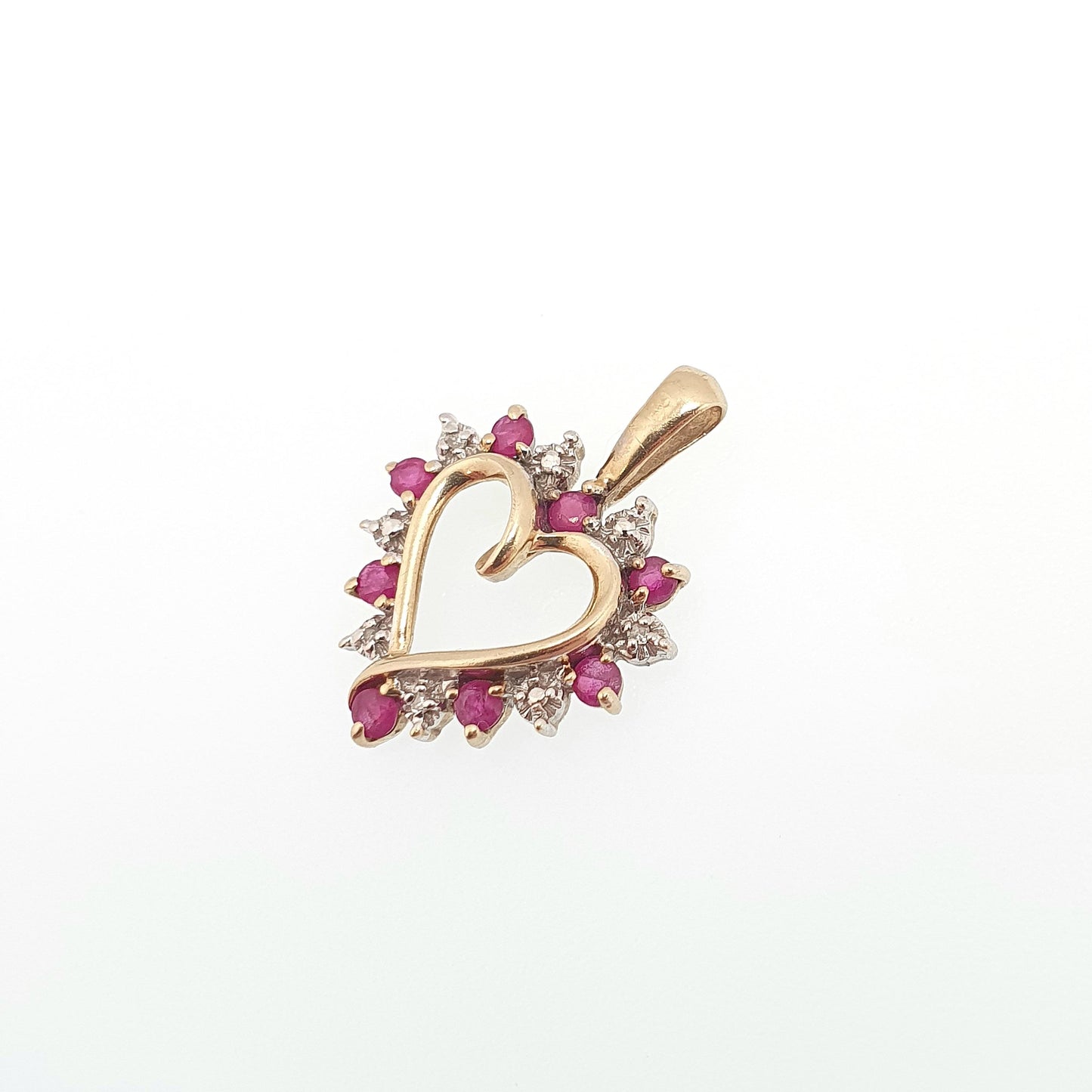 Vintage 9k 9ct Gold Ruby & Diamond Heart Necklace Pendant Genuine Gemstones Womens Jewelry Retro Jewellery