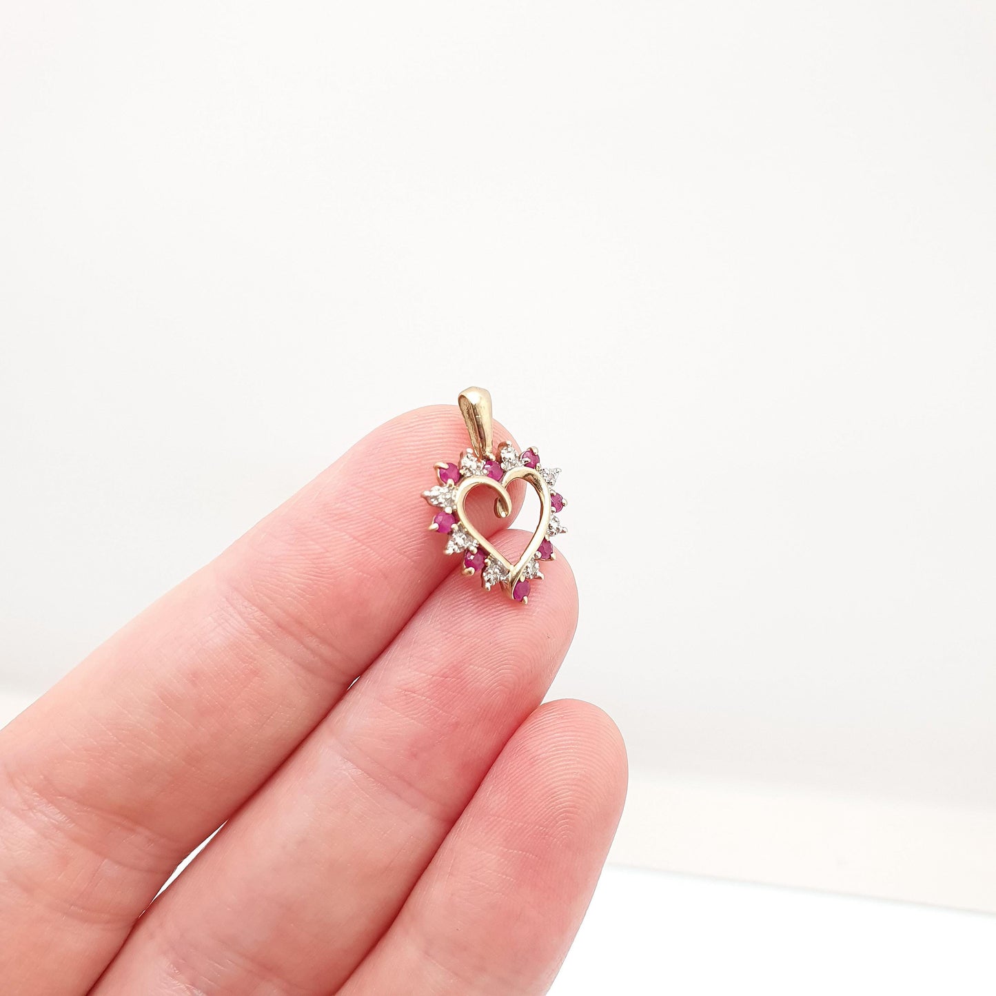Vintage 9k 9ct Gold Ruby & Diamond Heart Necklace Pendant Genuine Gemstones Womens Jewelry Retro Jewellery
