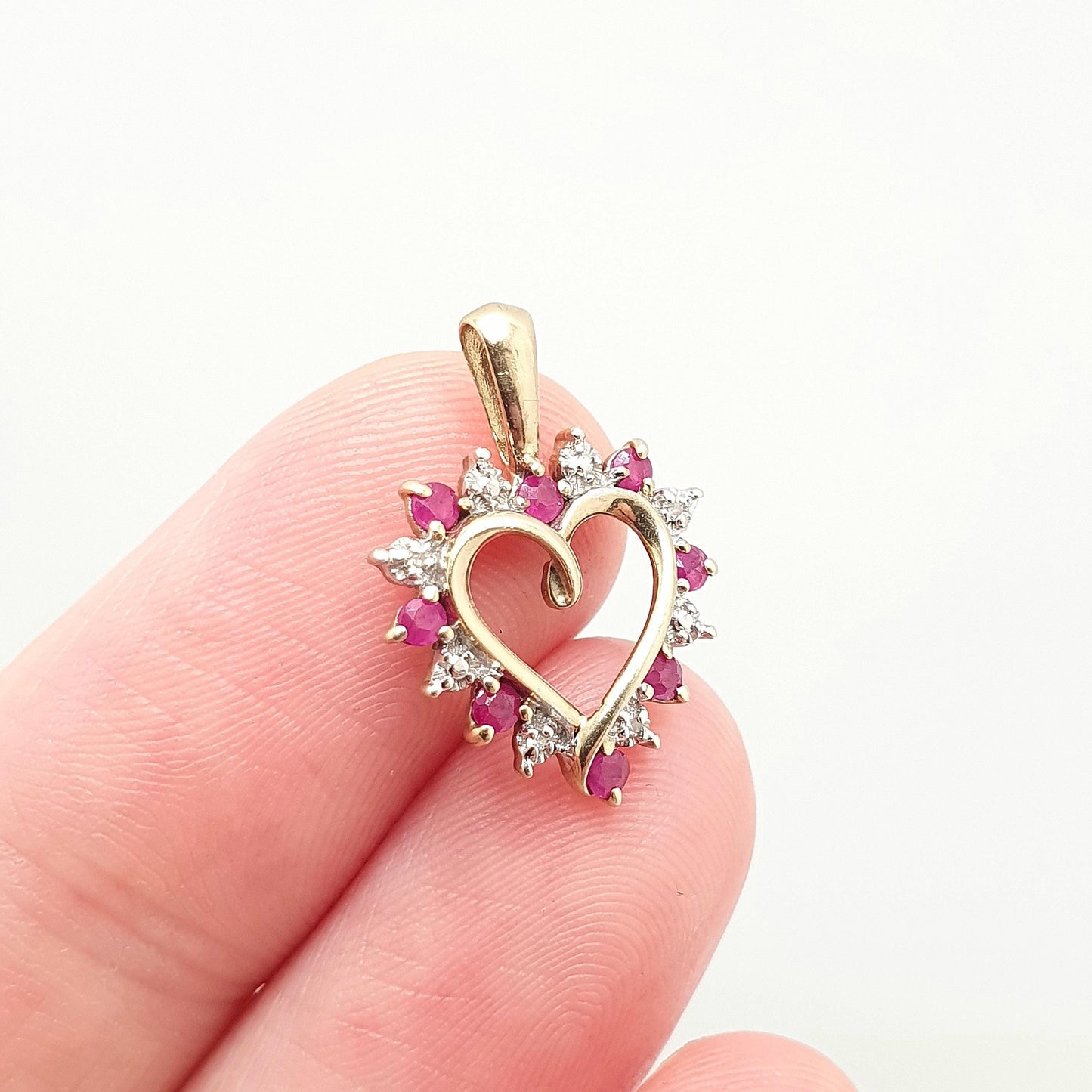 Vintage 9k 9ct Gold Ruby & Diamond Heart Necklace Pendant Genuine Gemstones Womens Jewelry Retro Jewellery