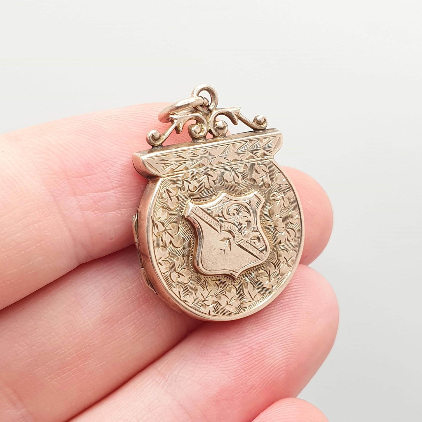 Antique Victorian 9ct Gold Shield Locket 9kt 9k Rose Back and Front Pendant Unusual Shape Vintage Jewellery Jewelry
