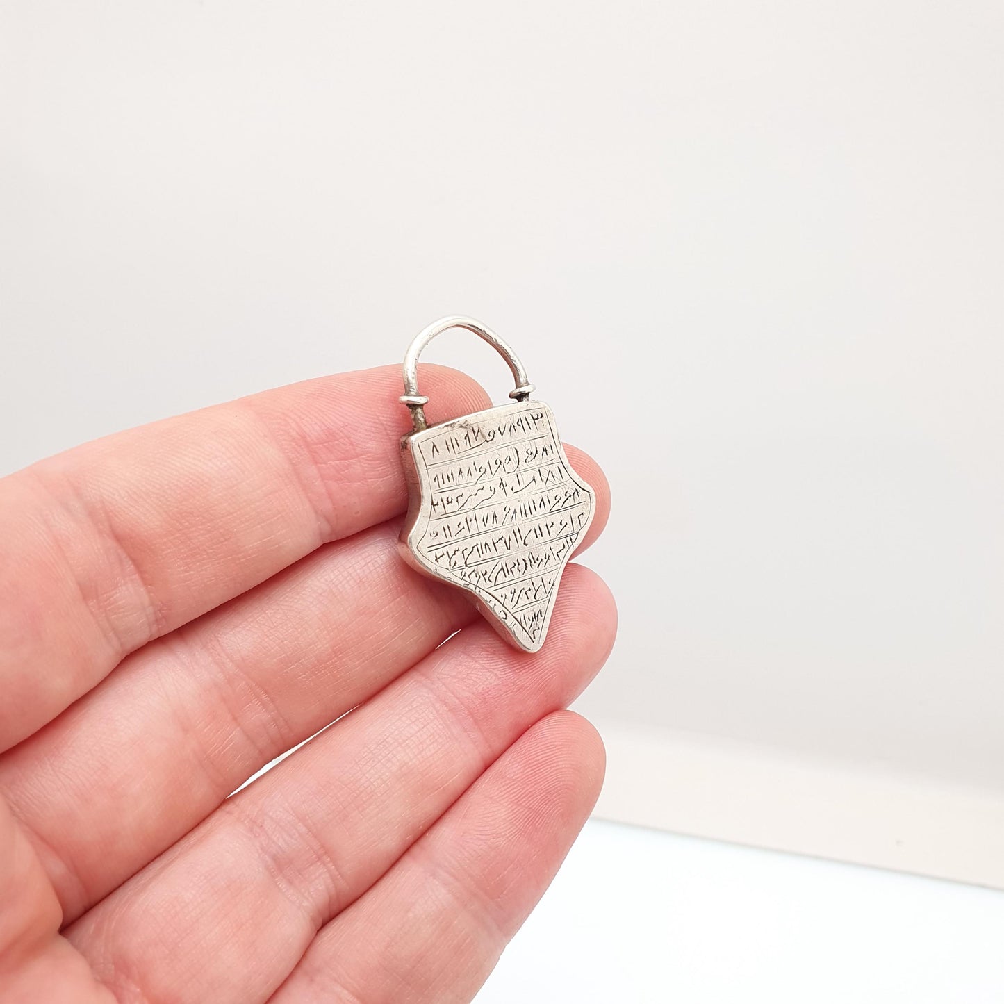 Antique Solid Silver Arabic Talisman Amulet Pendant Necklace Shield Padlock Protection Louha Taweez Vintage Jewellery Jewelry
