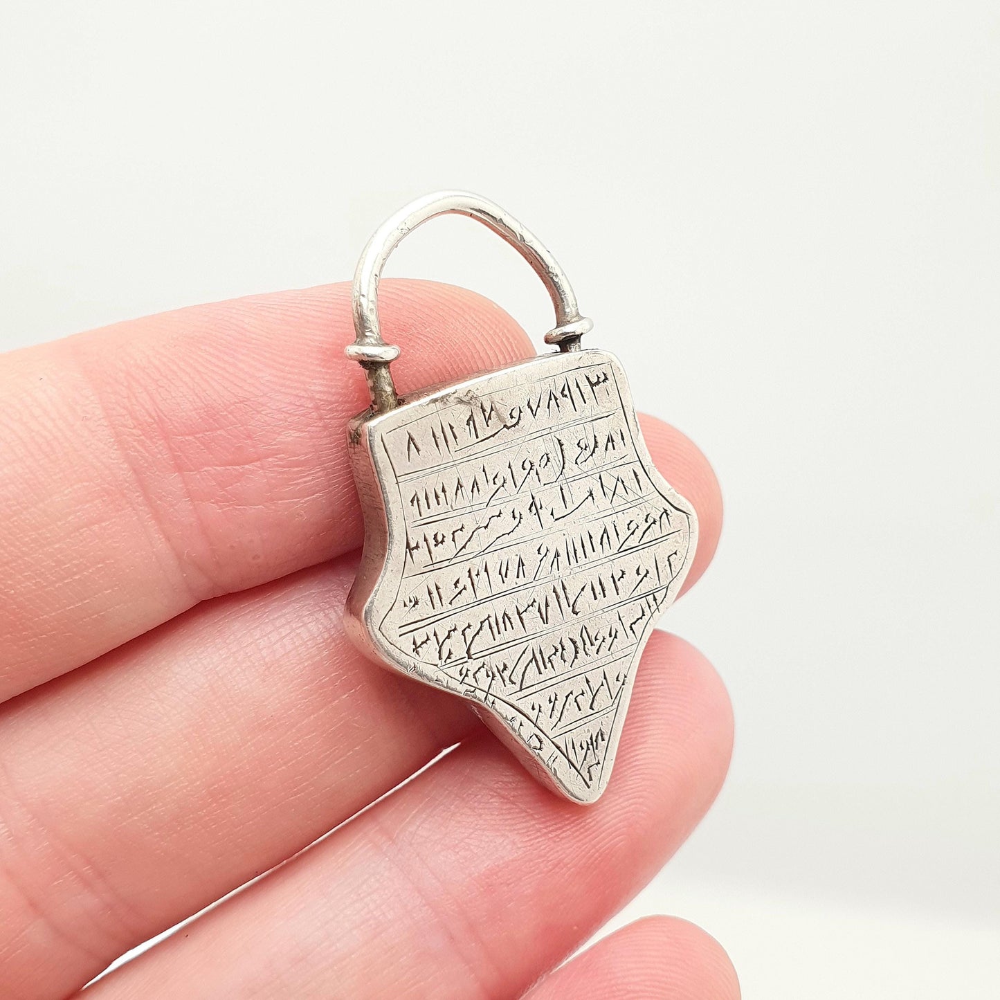 Antique Solid Silver Arabic Talisman Amulet Pendant Necklace Shield Padlock Protection Louha Taweez Vintage Jewellery Jewelry