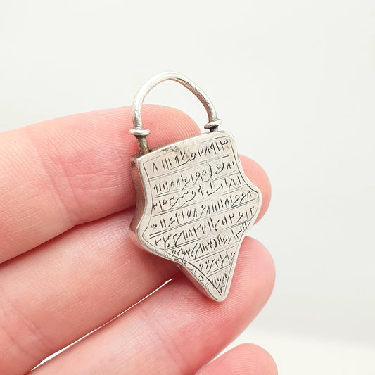 Antique Solid Silver Arabic Talisman Amulet Pendant Necklace Shield Padlock Protection Louha Taweez Vintage Jewellery Jewelry