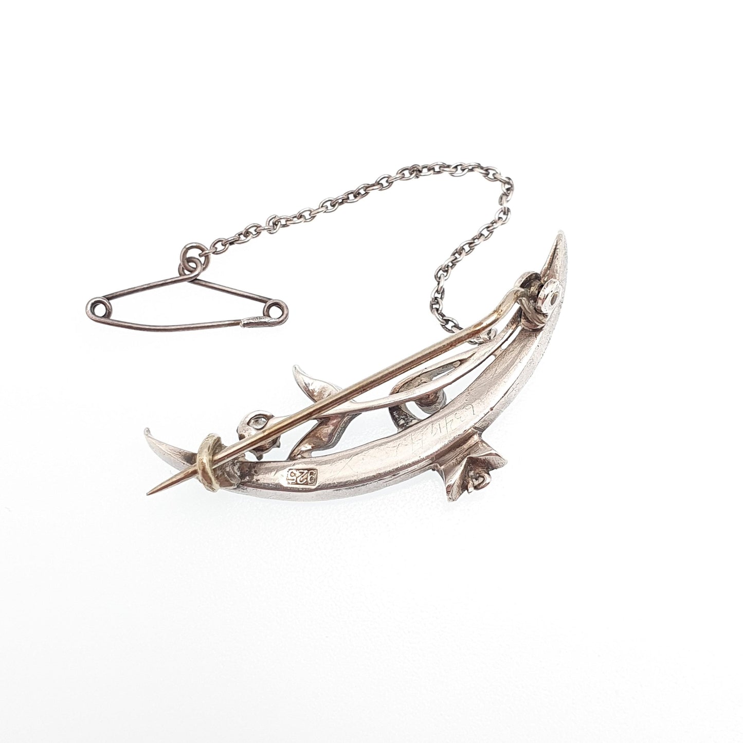 Antique Sterling Silver Crescent Moon Diamond Paste Brooch Victorian Sparkly Vintage Celestial Floral Jewelry Jewellery 1800s