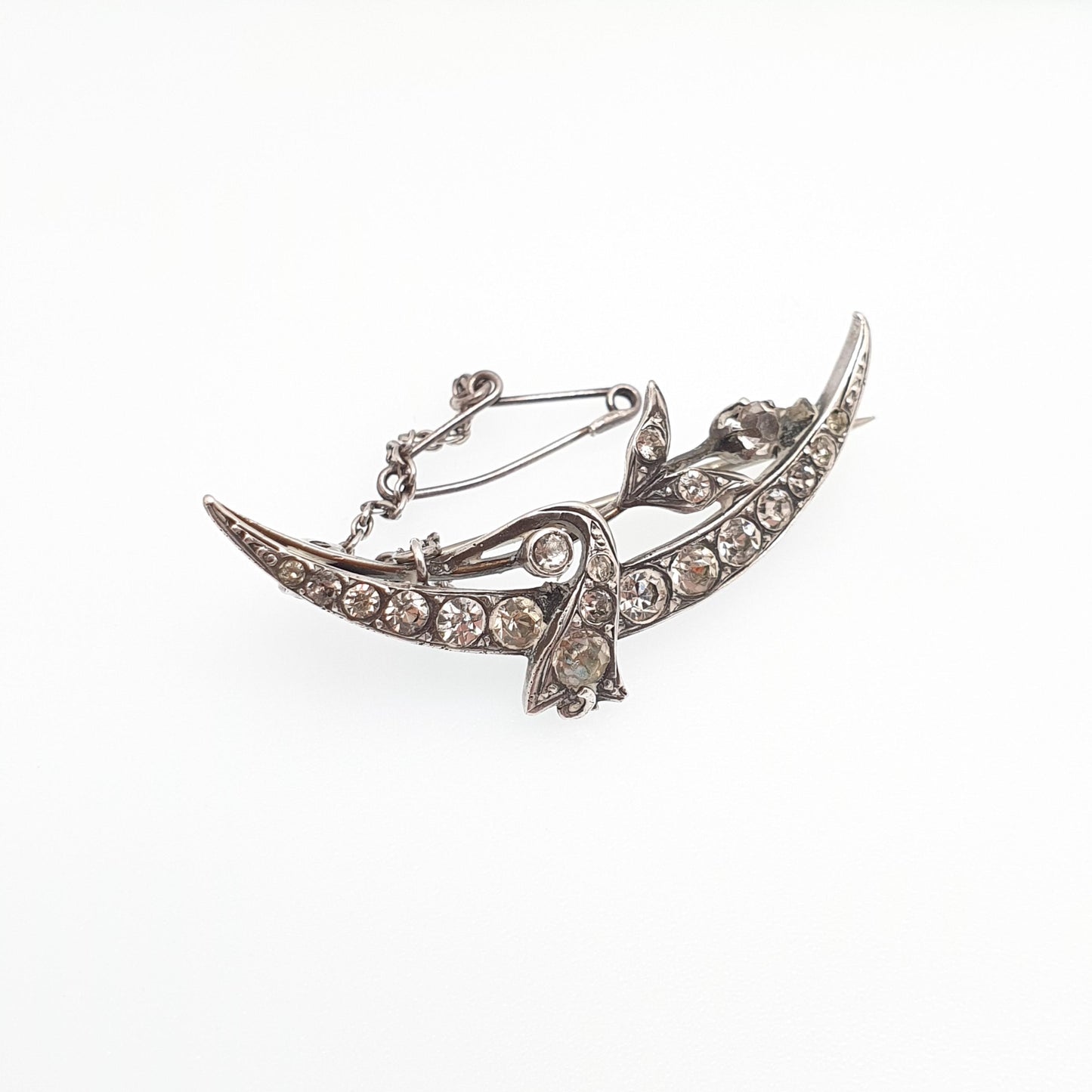 Antique Sterling Silver Crescent Moon Diamond Paste Brooch Victorian Sparkly Vintage Celestial Floral Jewelry Jewellery 1800s