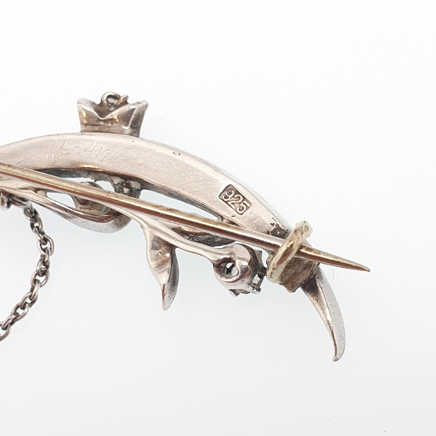 Antique Sterling Silver Crescent Moon Diamond Paste Brooch Victorian Sparkly Vintage Celestial Floral Jewelry Jewellery 1800s