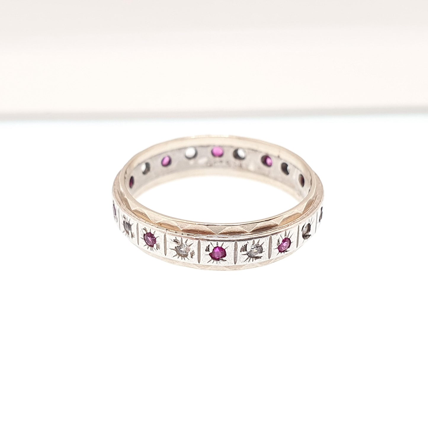 Antique Art Deco 9ct Gold & Solid Silver Ruby Eternity Ring White Spinel Gift Womens Jewellery Jewelry UK O US 7