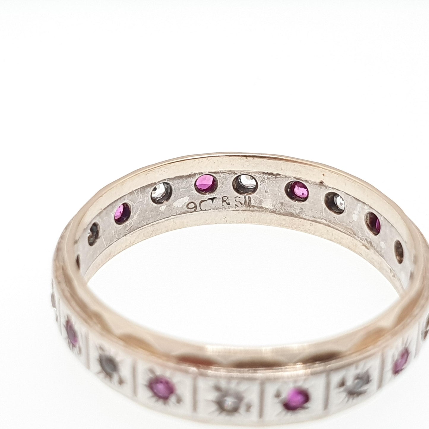 Antique Art Deco 9ct Gold & Solid Silver Ruby Eternity Ring White Spinel Gift Womens Jewellery Jewelry UK O US 7