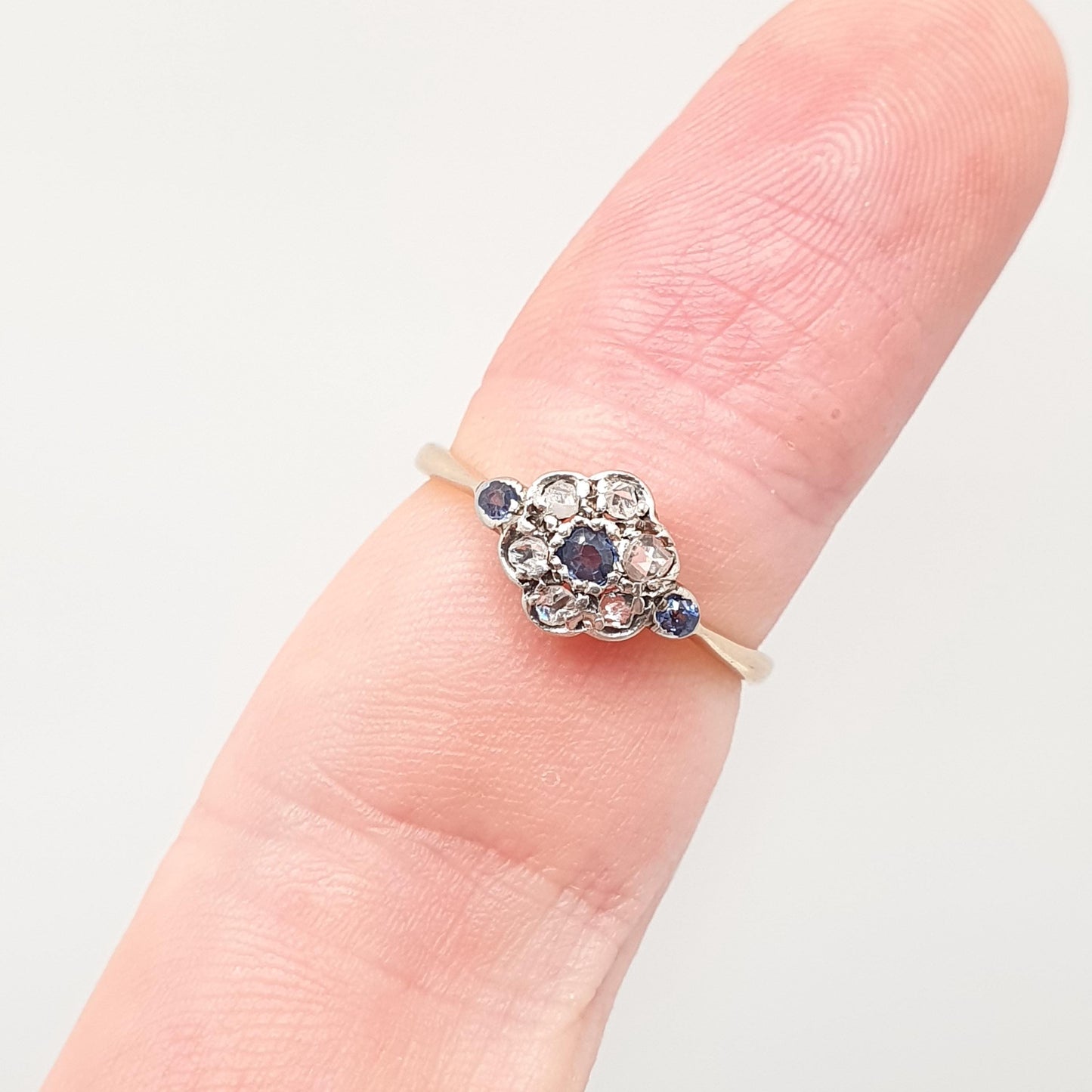 Antique Sapphire & Diamond Ring 18k 18ct Solid Gold Art Deco Cluster Flower Halo Old Cut Genuine Vintage Jewelry Jewellery