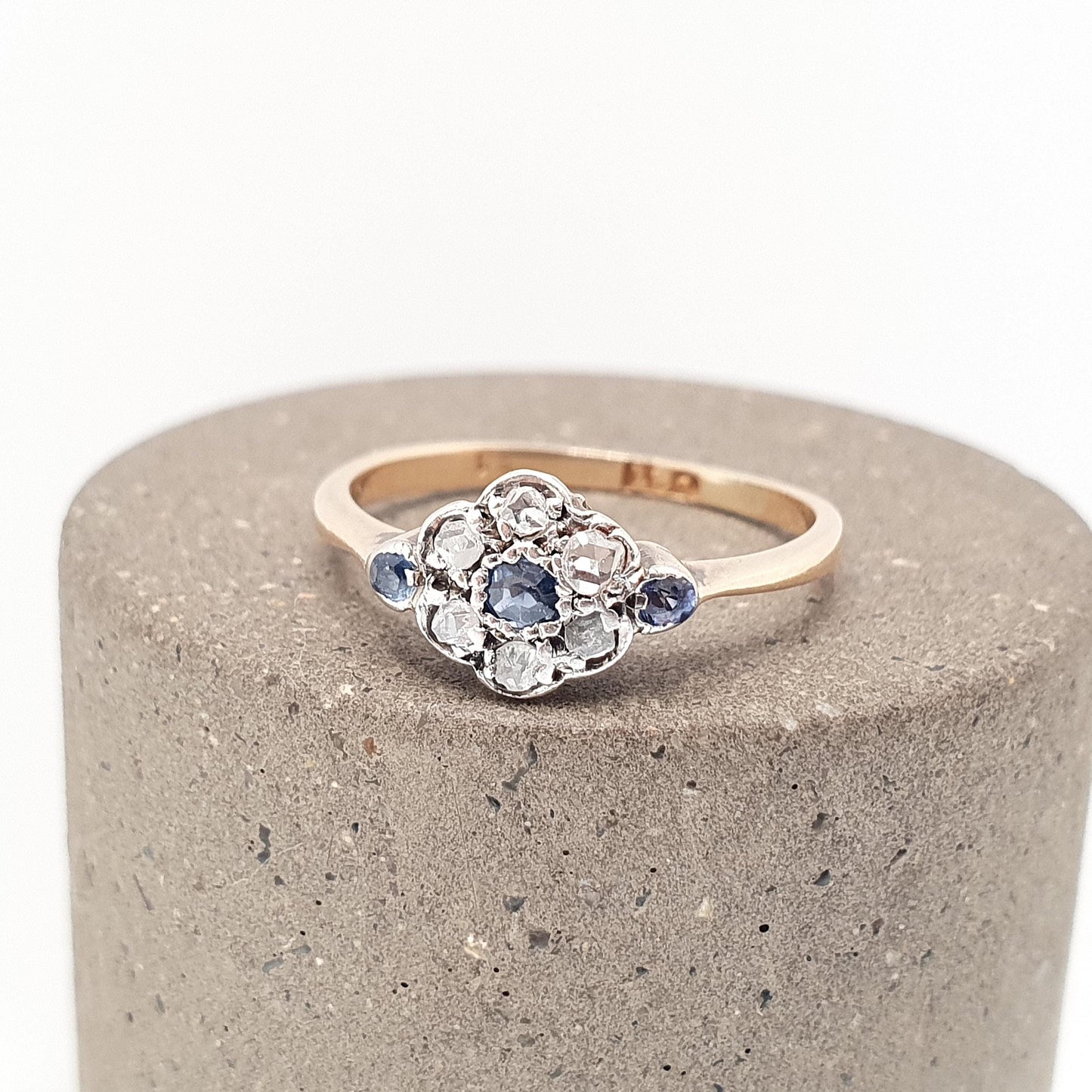 Antique Sapphire & Diamond Ring 18k 18ct Solid Gold Art Deco Cluster Flower Halo Old Cut Genuine Vintage Jewelry Jewellery