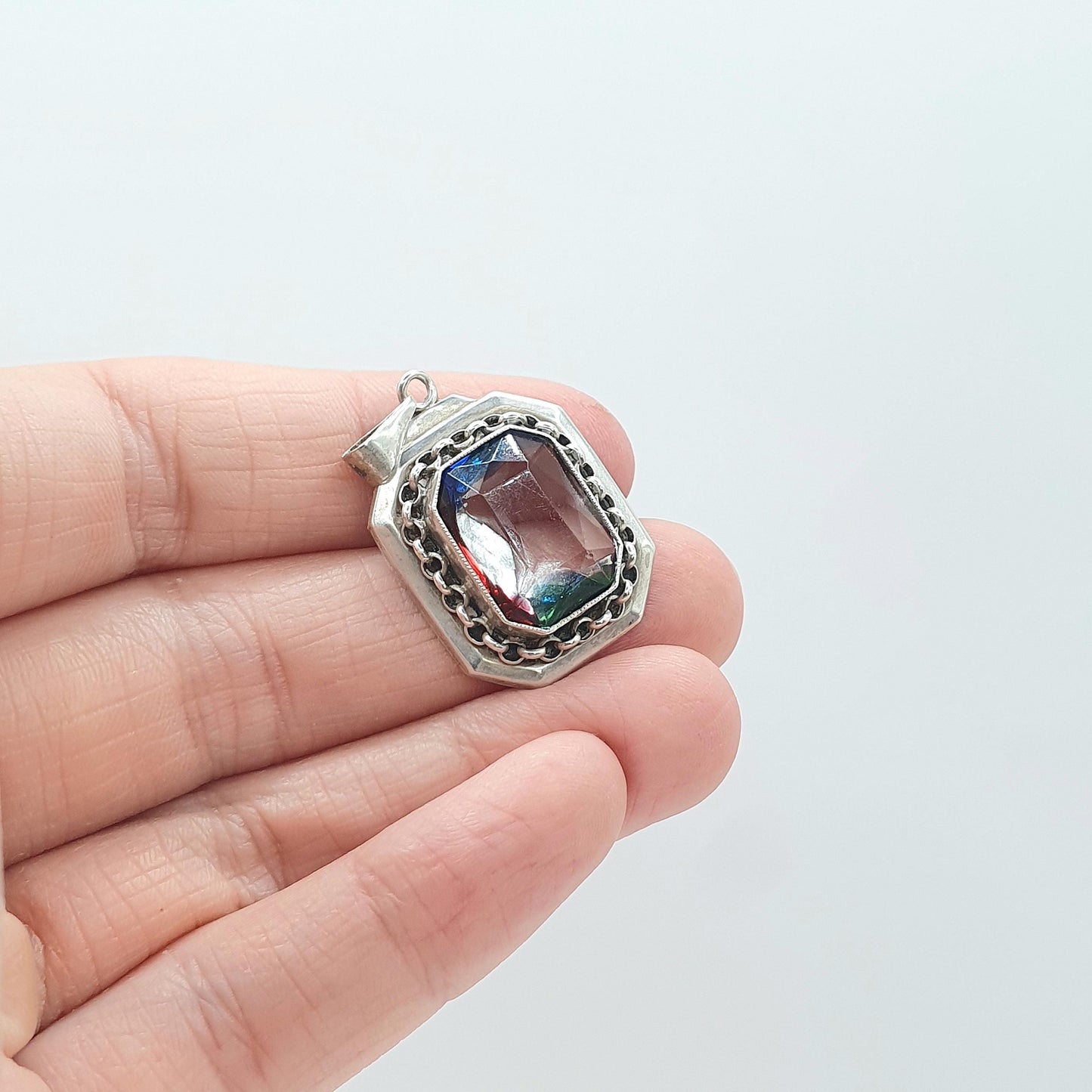 Antique Art Deco Solid Silver Rainbow Iris Glass Pendant Multi Coloured Rectangular Tutti Frutti Vintage Womens Jewellery Jewelry