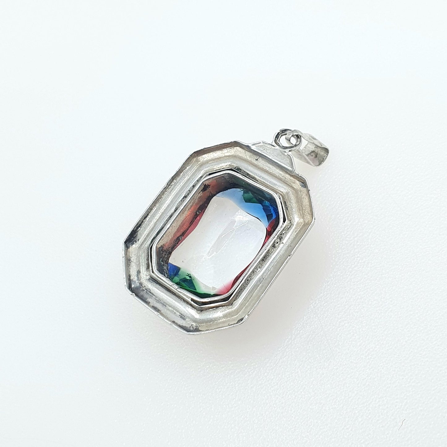Antique Art Deco Solid Silver Rainbow Iris Glass Pendant Multi Coloured Rectangular Tutti Frutti Vintage Womens Jewellery Jewelry