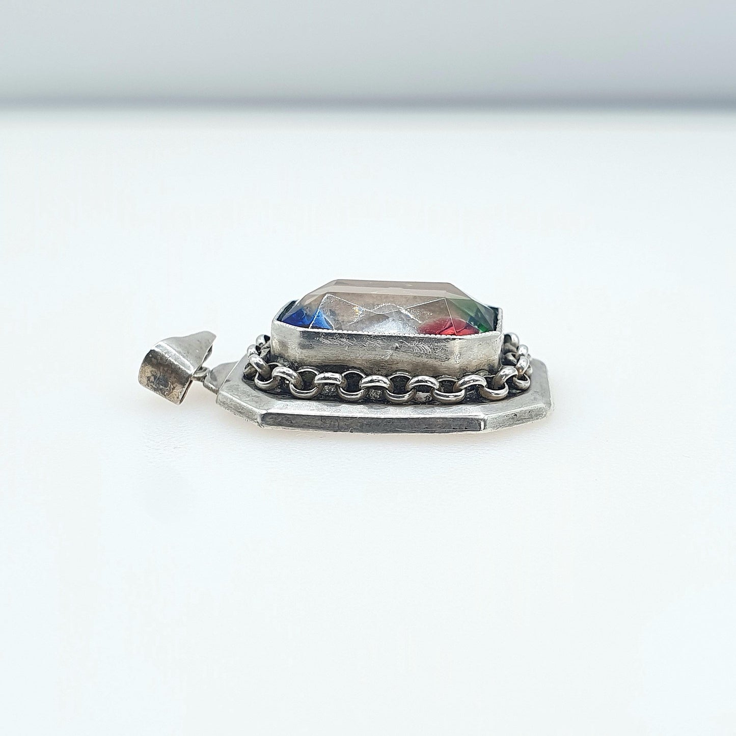 Antique Art Deco Solid Silver Rainbow Iris Glass Pendant Multi Coloured Rectangular Tutti Frutti Vintage Womens Jewellery Jewelry