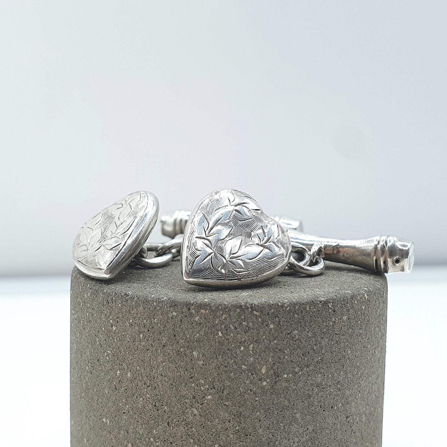 Antique Sterling Silver Heart Cuff Links Cufflinks Engraved 1903 Hallmark Love Gift Gent Mens Vintage Jewelry Jewellery