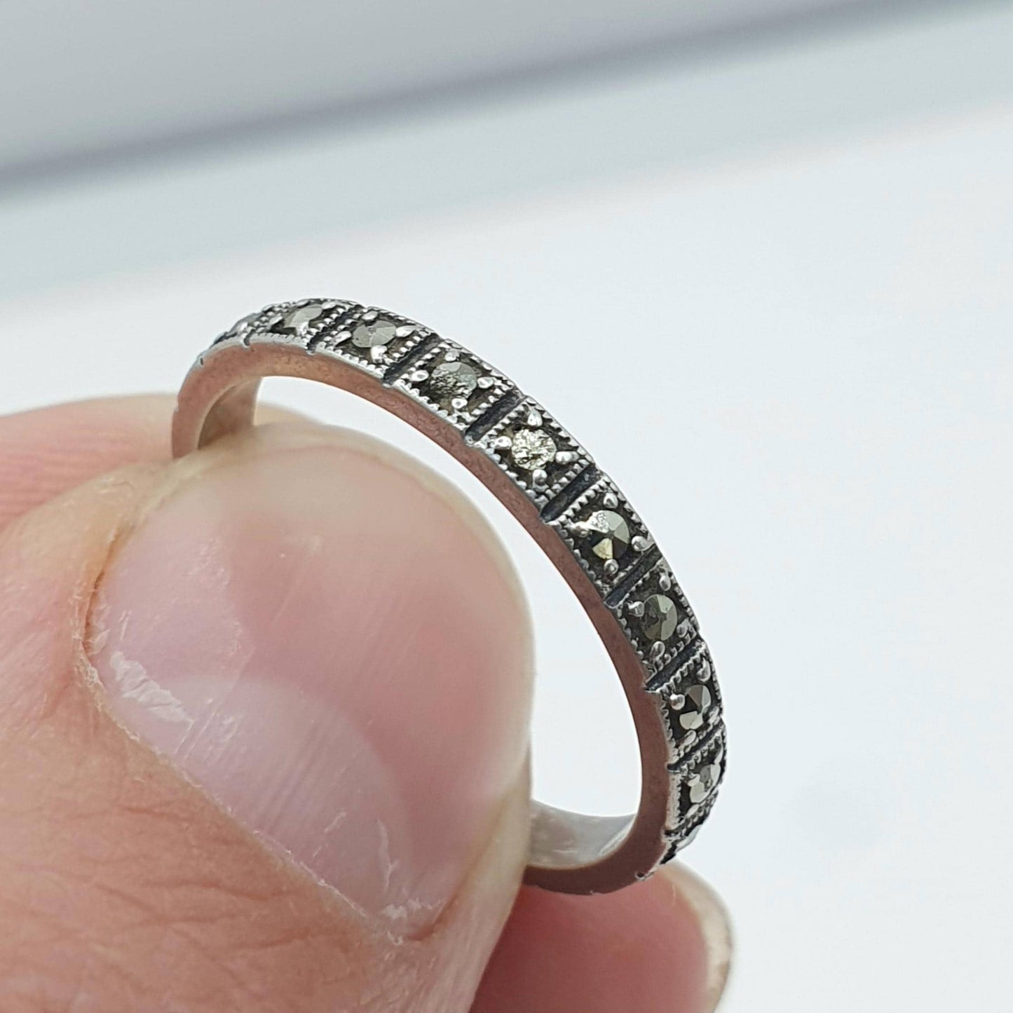 Antique Art Deco Solid Silver Marcasite Eternity Ring Square Sections Promise Gift Women’s Mens Jewelry Jewellery UK M.5 US 6.5
