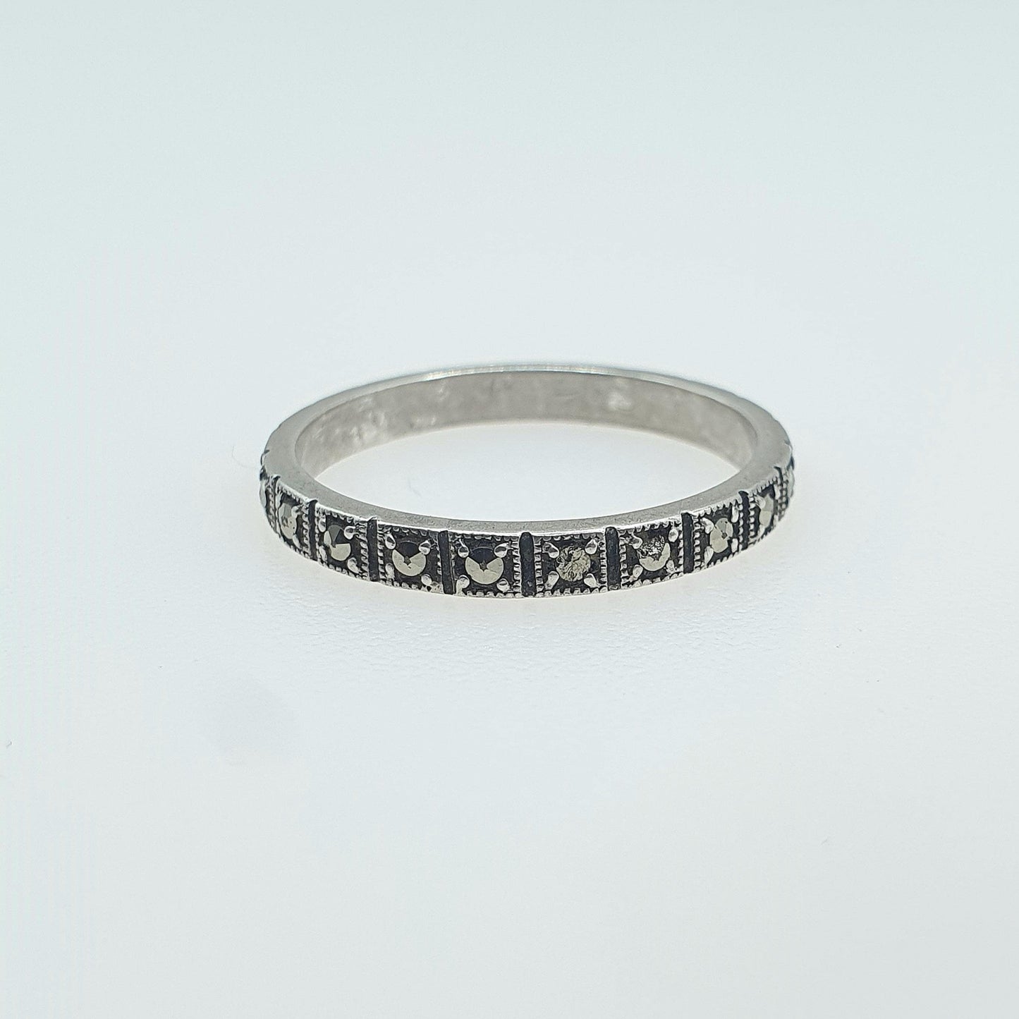 Antique Art Deco Solid Silver Marcasite Eternity Ring Square Sections Promise Gift Women’s Mens Jewelry Jewellery UK M.5 US 6.5