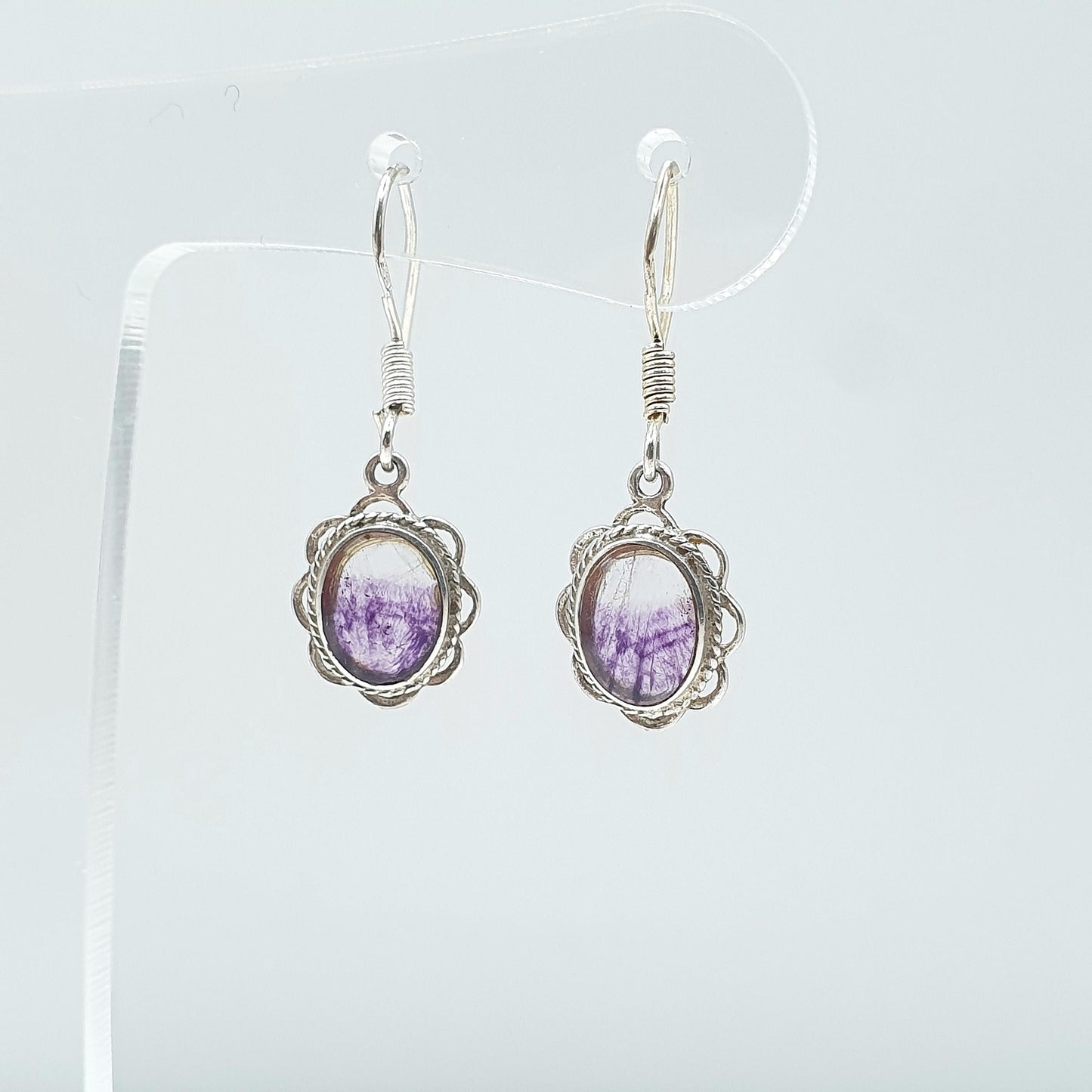 Vintage Sterling Silver Blue John Hook Earrings Oval Cabochon Gemstone Bleu Jaune Fluorite Womens Jewelry Jewellery