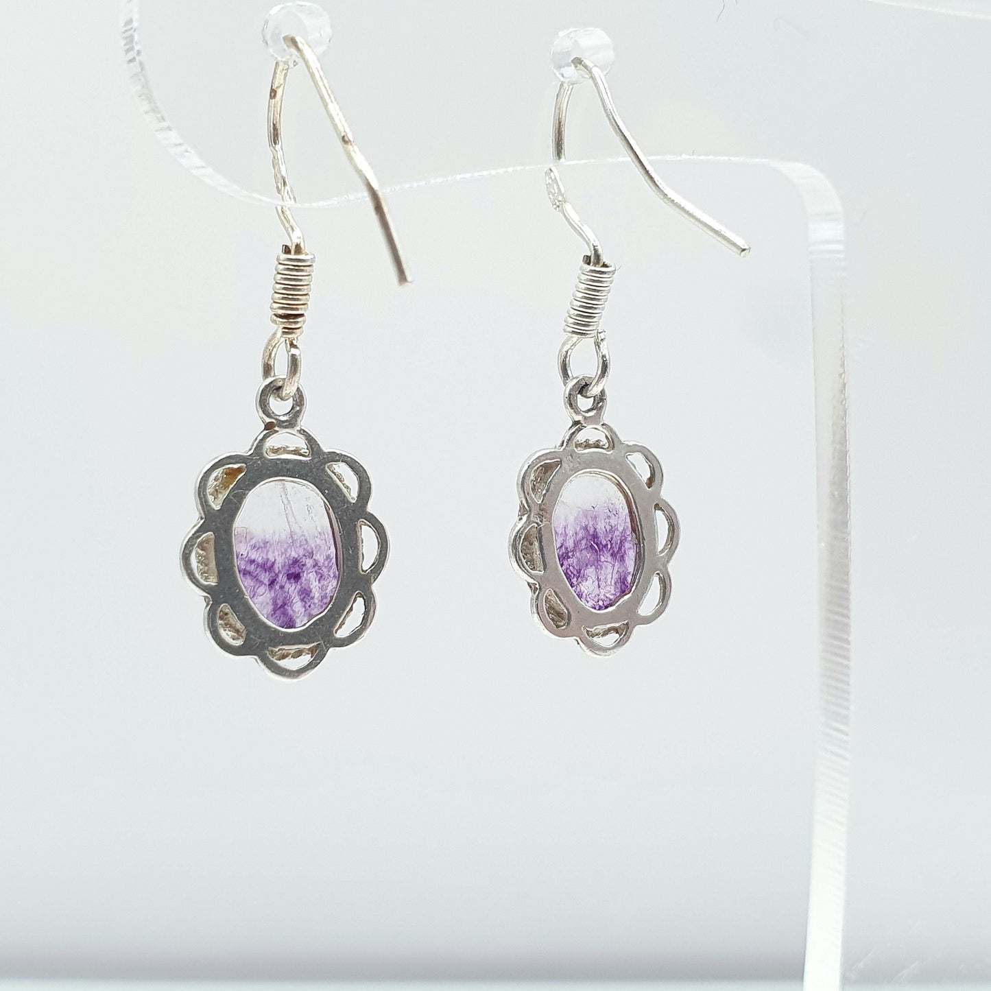 Vintage Sterling Silver Blue John Hook Earrings Oval Cabochon Gemstone Bleu Jaune Fluorite Womens Jewelry Jewellery