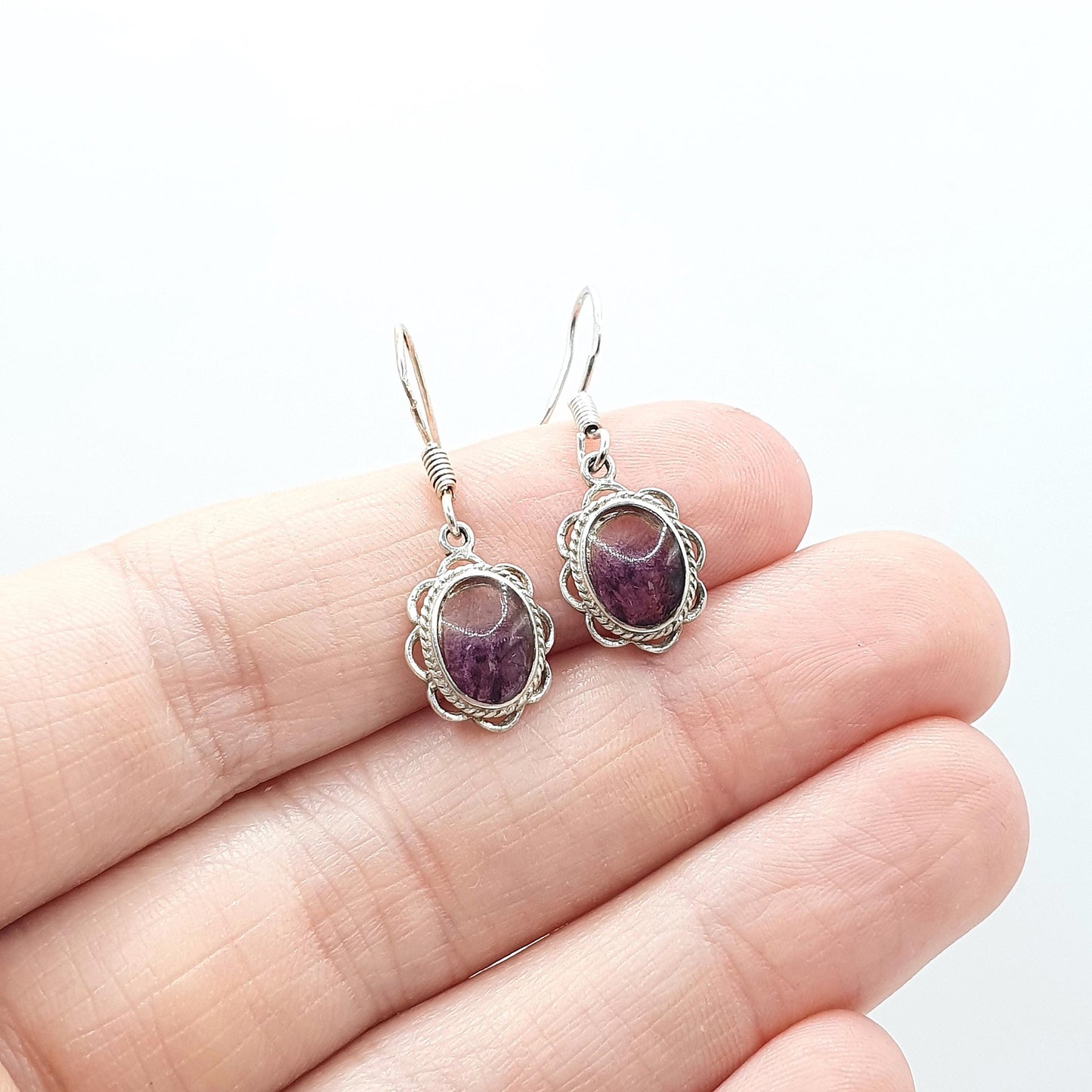 Vintage Sterling Silver Blue John Hook Earrings Oval Cabochon Gemstone Bleu Jaune Fluorite Womens Jewelry Jewellery