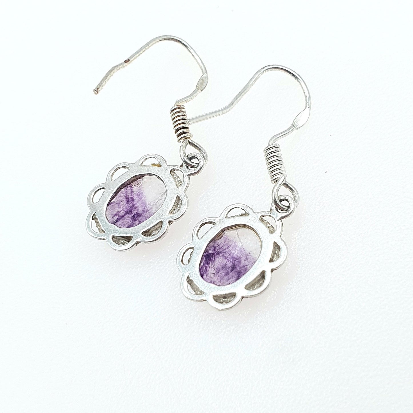 Vintage Sterling Silver Blue John Hook Earrings Oval Cabochon Gemstone Bleu Jaune Fluorite Womens Jewelry Jewellery