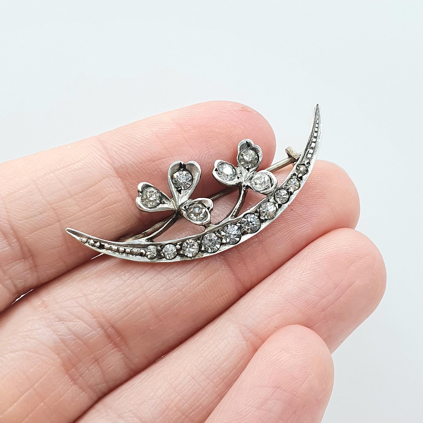 Antique Victorian Solid Silver Diamond Paste Crescent Moon Clover Brooch Luck Celestial Vintage Womens Jewellery Jewelry