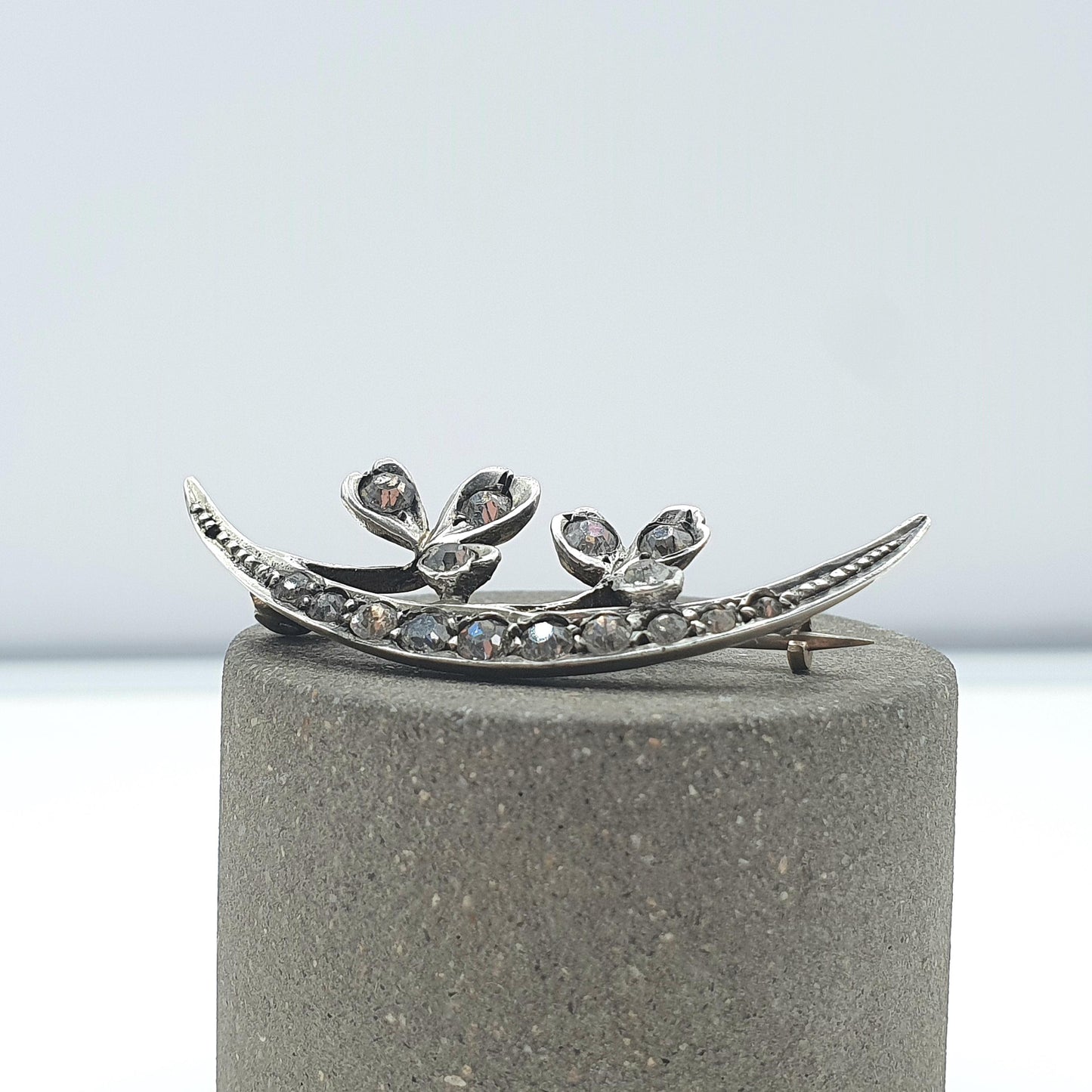 Antique Victorian Solid Silver Diamond Paste Crescent Moon Clover Brooch Luck Celestial Vintage Womens Jewellery Jewelry