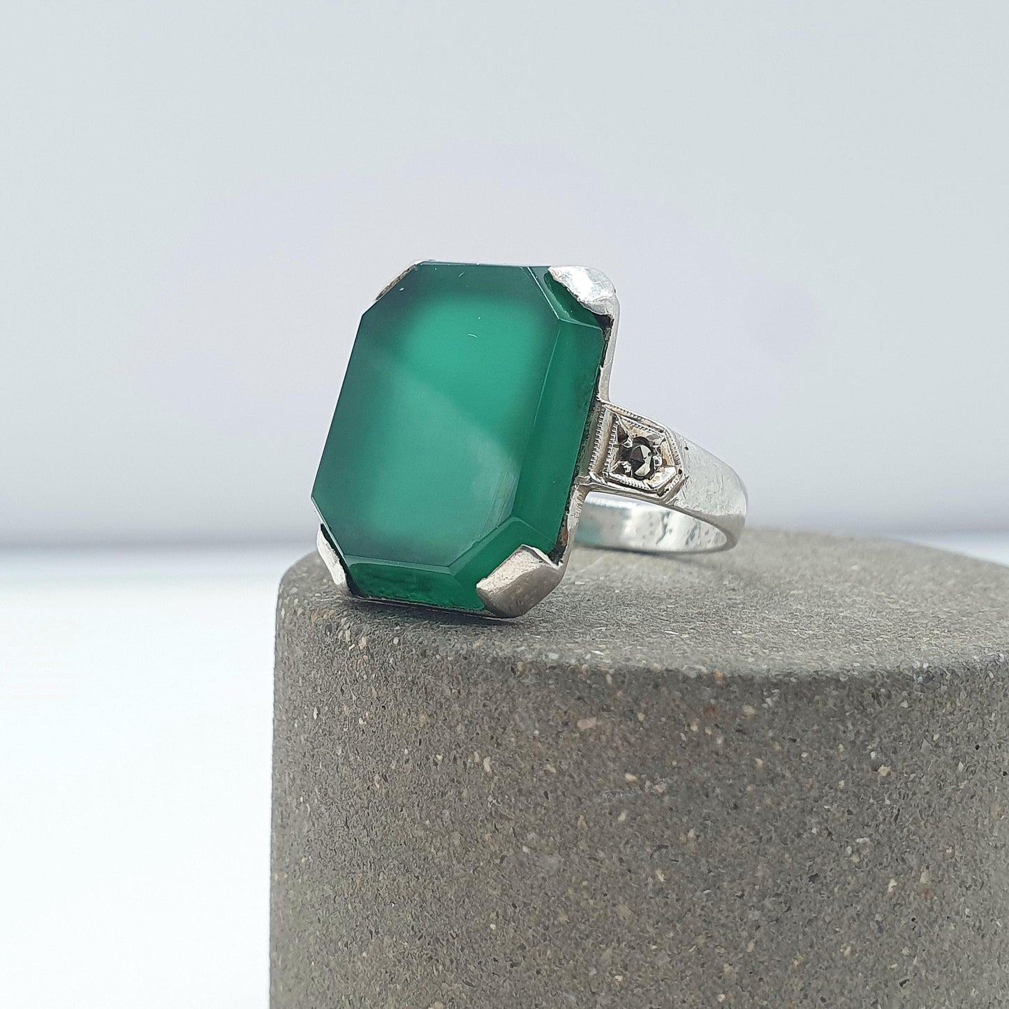Antique Art Deco Solid Silver Chrysoprase Ring Rectangular Cut Marcasite Shoulders Womens Jewelry Jewellery UK N US 6.5