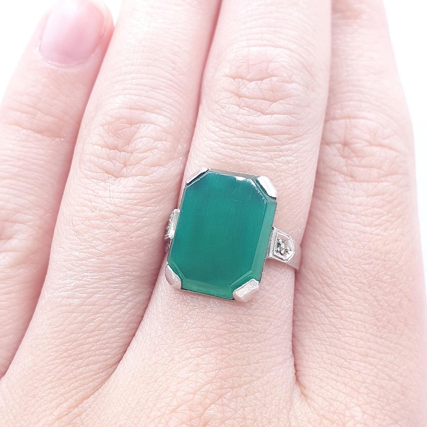 Antique Art Deco Solid Silver Chrysoprase Ring Rectangular Cut Marcasite Shoulders Womens Jewelry Jewellery UK N US 6.5