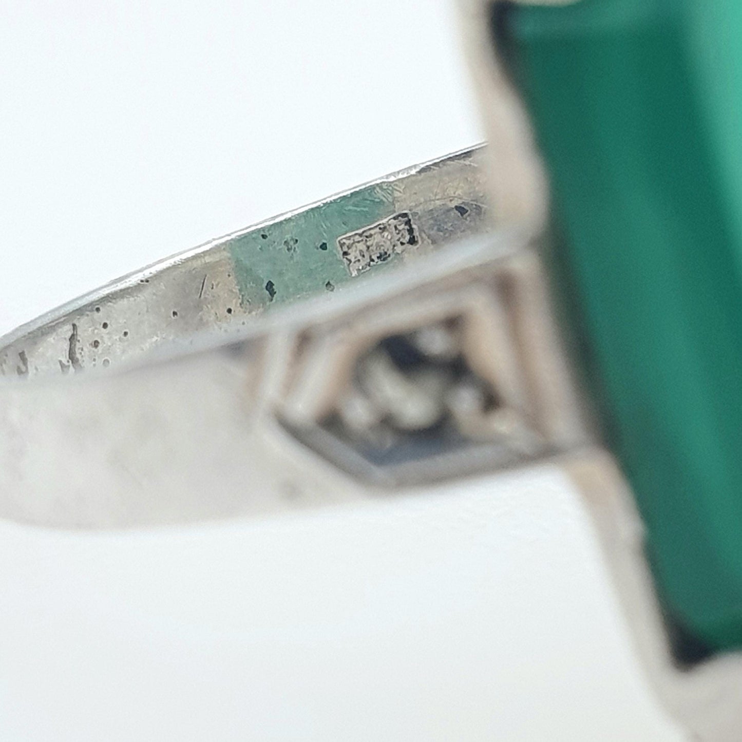Antique Art Deco Solid Silver Chrysoprase Ring Rectangular Cut Marcasite Shoulders Womens Jewelry Jewellery UK N US 6.5