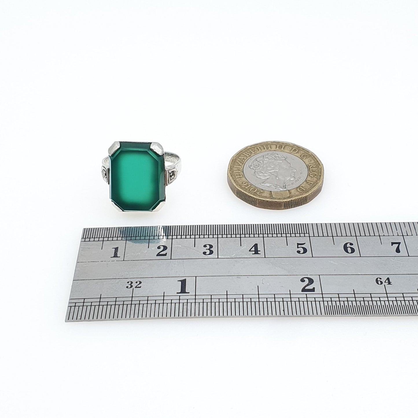 Antique Art Deco Solid Silver Chrysoprase Ring Rectangular Cut Marcasite Shoulders Womens Jewelry Jewellery UK N US 6.5