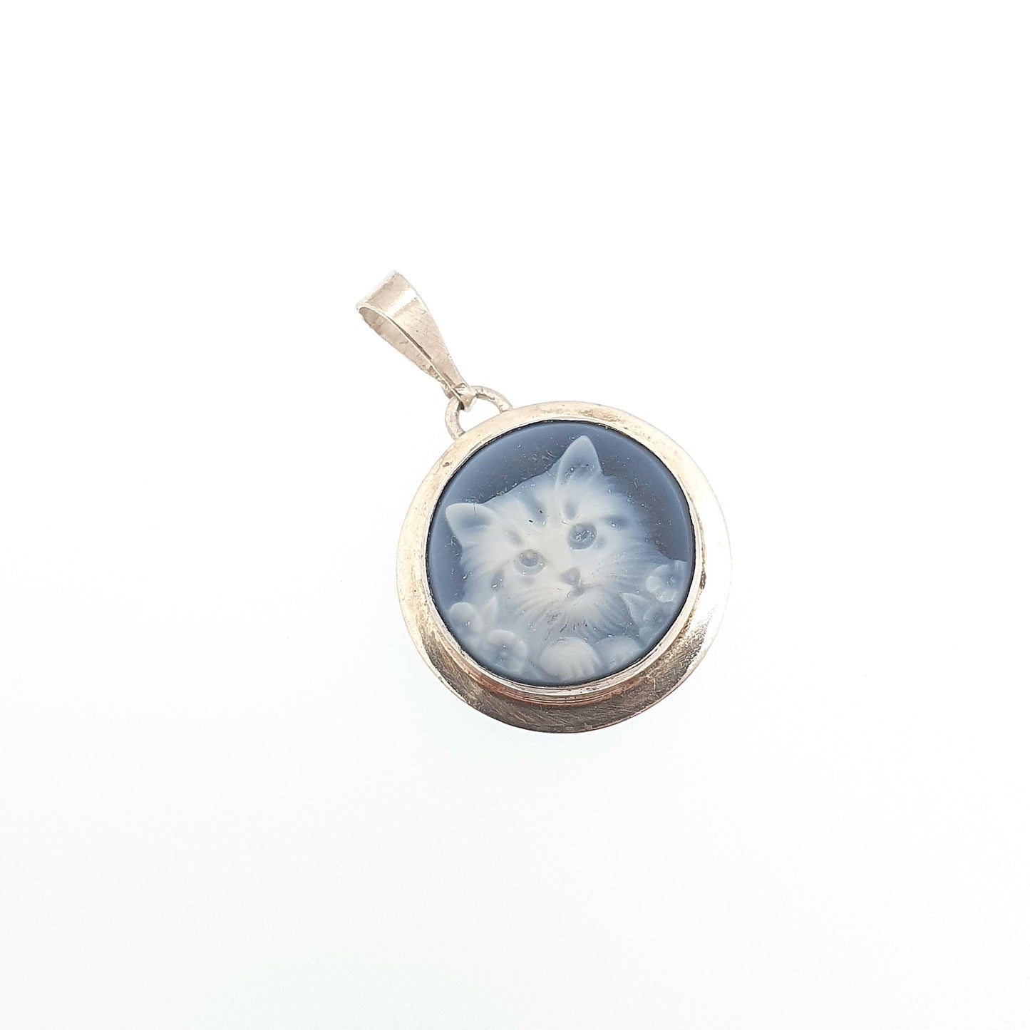 Vintage Sterling Silver Cat Cameo Pendant Necklace Blue Agate Hardstone Kitten Cats 925 Jewelry Womens Jewellery