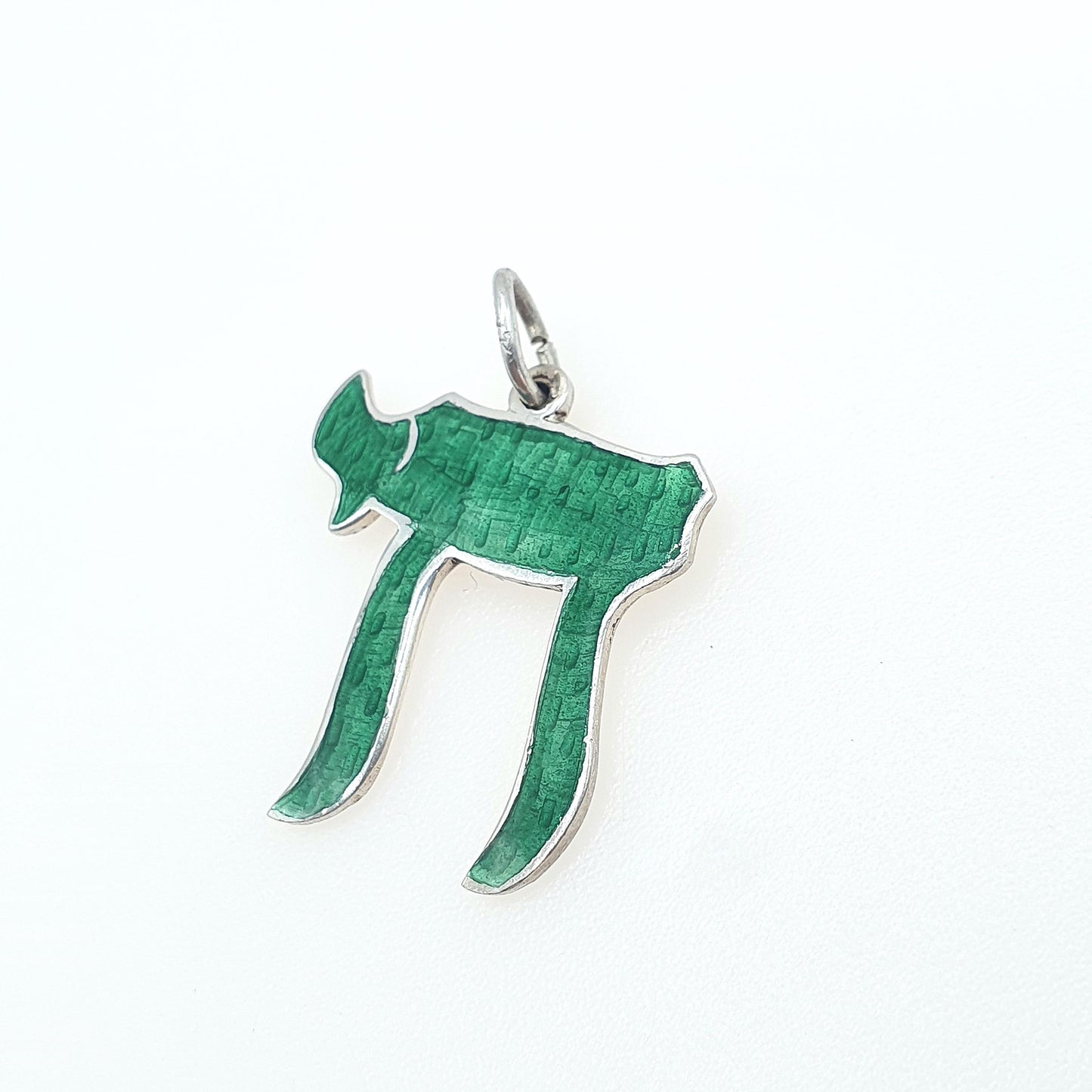 Vintage Sterling Silver Chai Symbol Pendant Hebrew Symbol of Life  Green Enamel Mens Womens Jewelry Jewellery