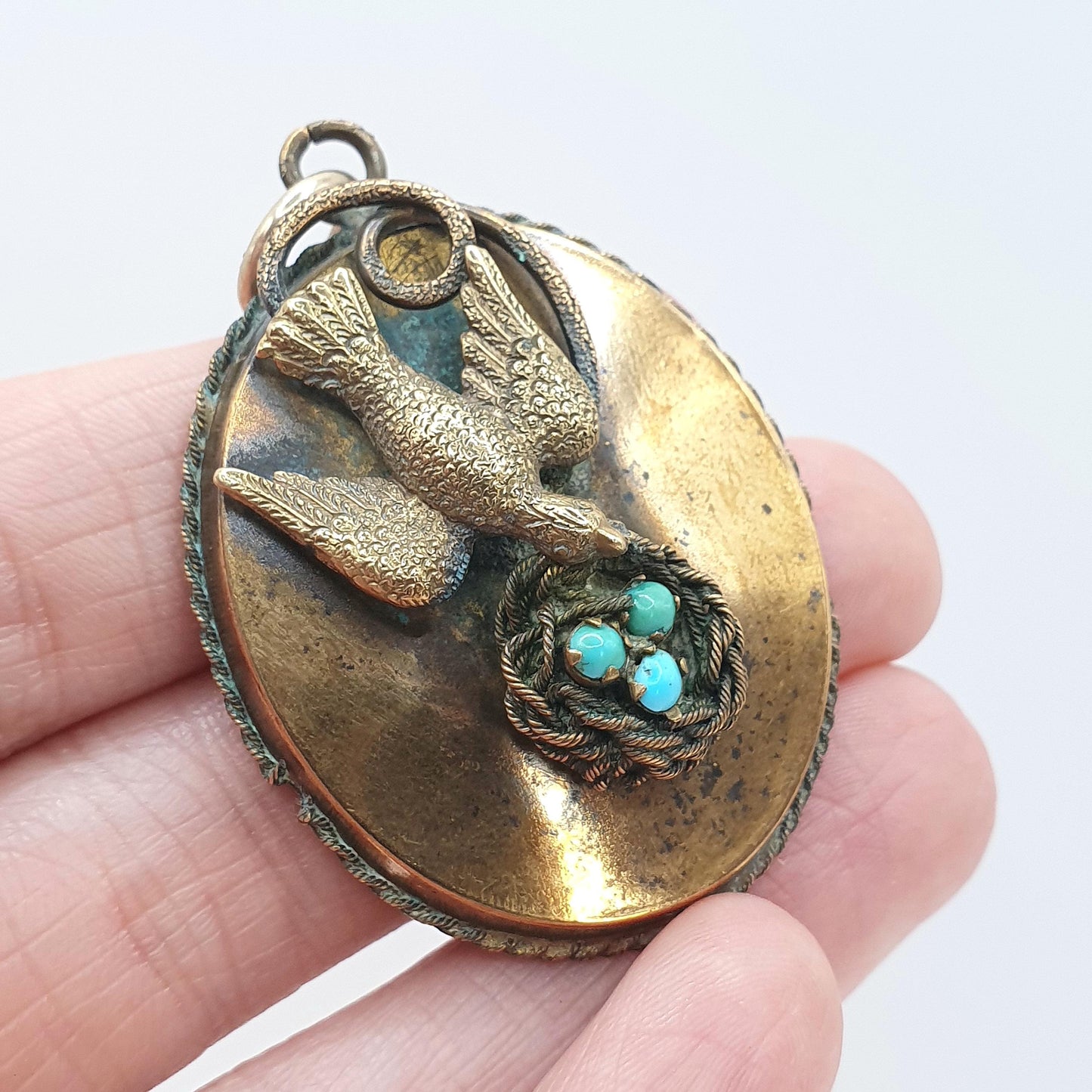 Antique Victorian Bird & Nest Turquoise Pendant Swallow with Eggs Gold Tone Genuine Gemstone Vintage Necklace Jewellery Jewelry