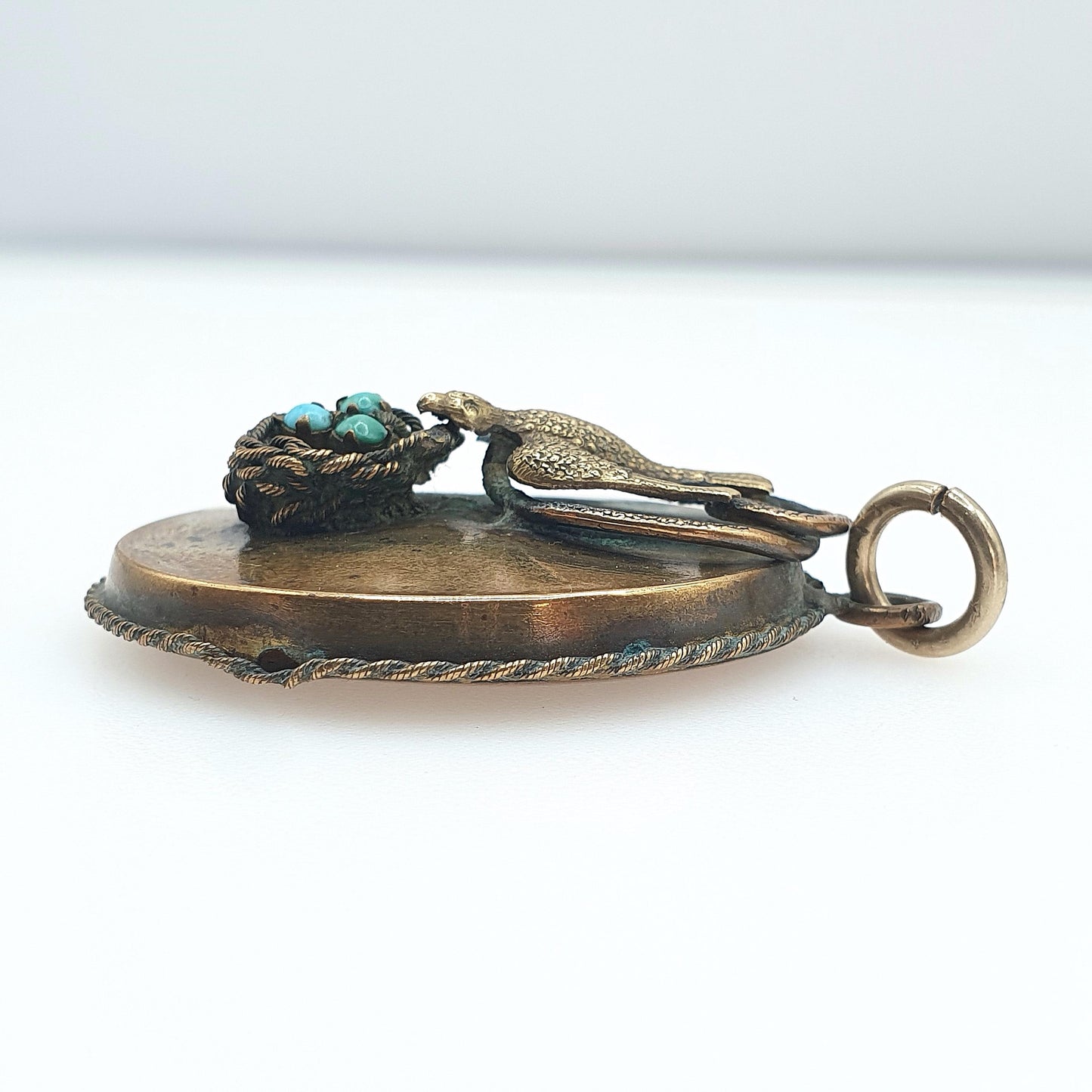 Antique Victorian Bird & Nest Turquoise Pendant Swallow with Eggs Gold Tone Genuine Gemstone Vintage Necklace Jewellery Jewelry