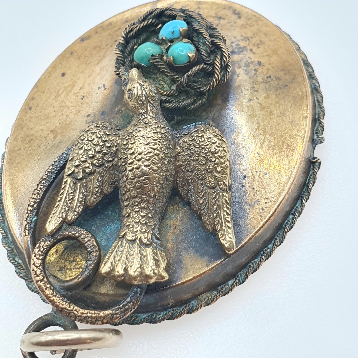 Antique Victorian Bird & Nest Turquoise Pendant Swallow with Eggs Gold Tone Genuine Gemstone Vintage Necklace Jewellery Jewelry