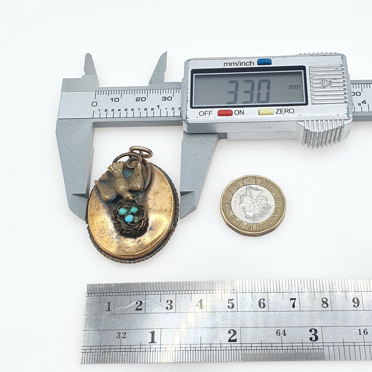 Antique Victorian Bird & Nest Turquoise Pendant Swallow with Eggs Gold Tone Genuine Gemstone Vintage Necklace Jewellery Jewelry